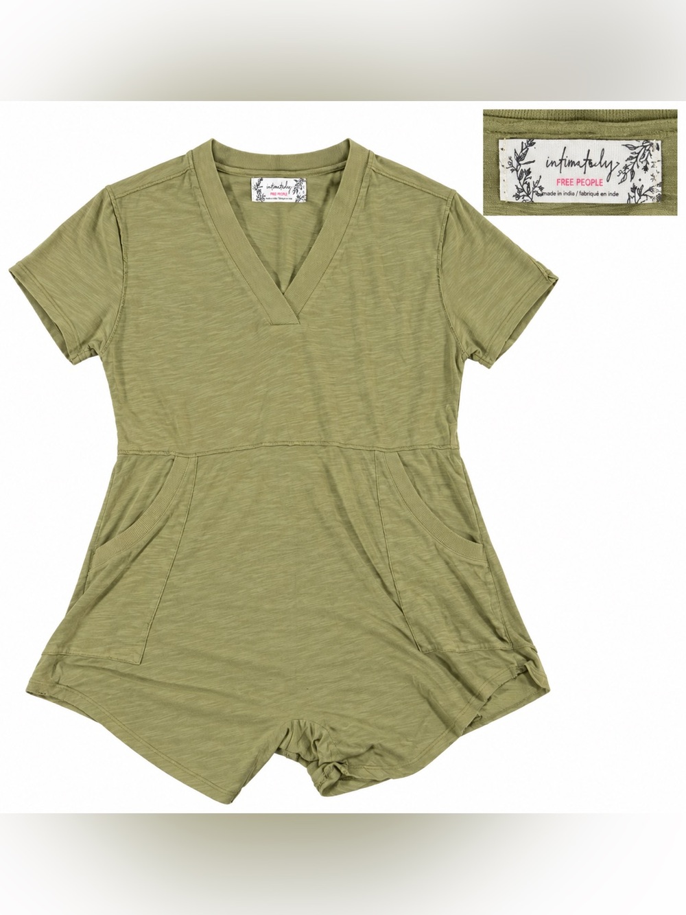 Free People Olive Green V-Neck Short Sleeve Romper